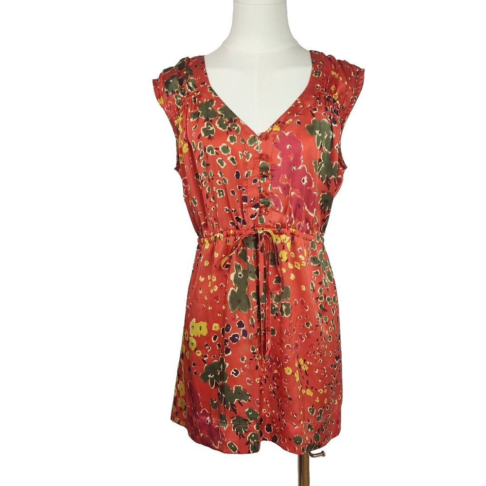 Cabi Art Teacher Wild Flower Tunic Top Red Yellow Satin V-Neck M Cottagecore